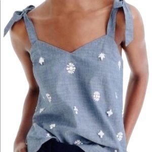 J.Crew embellished tie shoulder chambray top